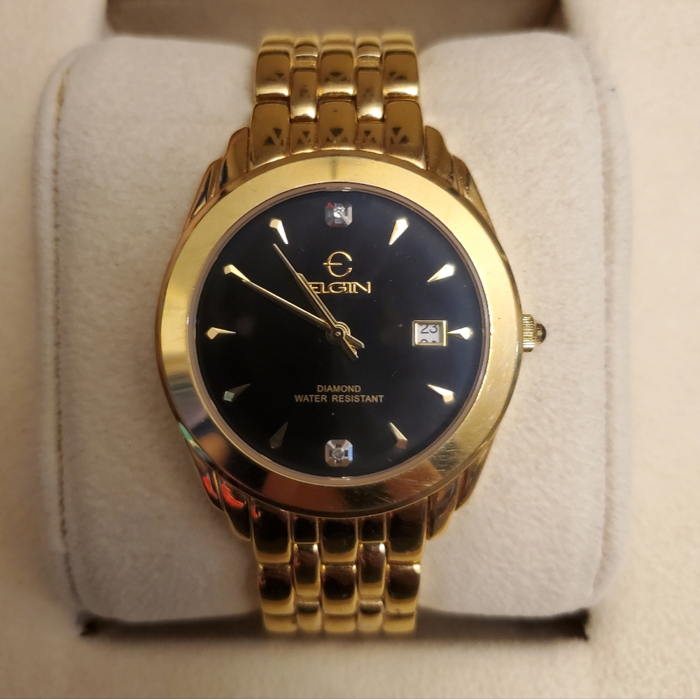 Elgin Mens Gold and Black Diamond Watch